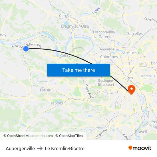 Aubergenville to Le Kremlin-Bicetre map