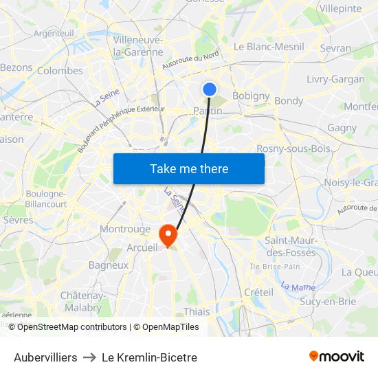 Aubervilliers to Le Kremlin-Bicetre map