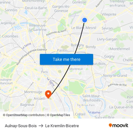 Aulnay-Sous-Bois to Le Kremlin-Bicetre map