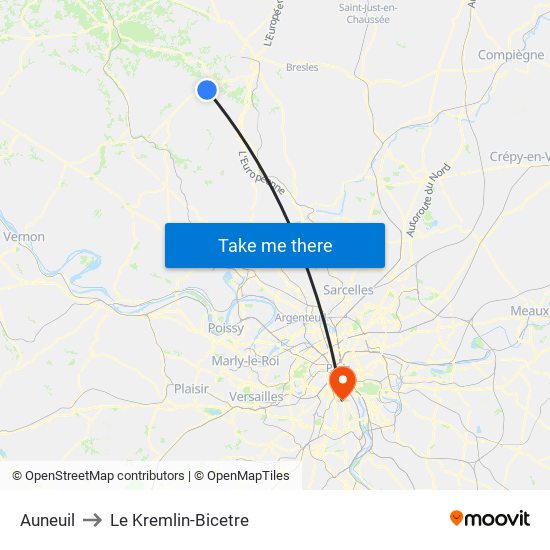 Auneuil to Le Kremlin-Bicetre map