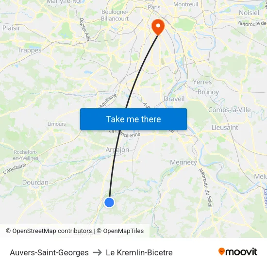 Auvers-Saint-Georges to Le Kremlin-Bicetre map