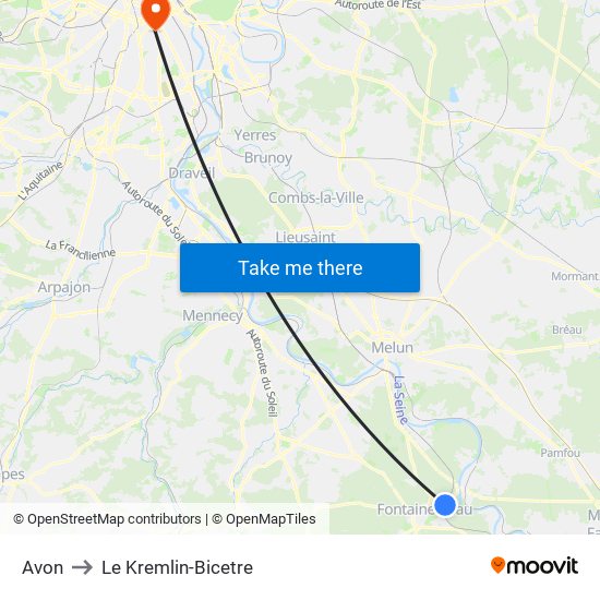 Avon to Le Kremlin-Bicetre map