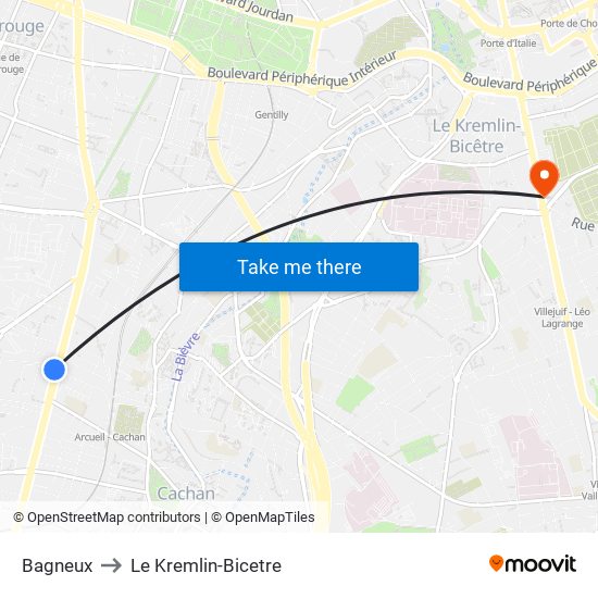 Bagneux to Le Kremlin-Bicetre map