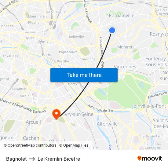 Bagnolet to Le Kremlin-Bicetre map