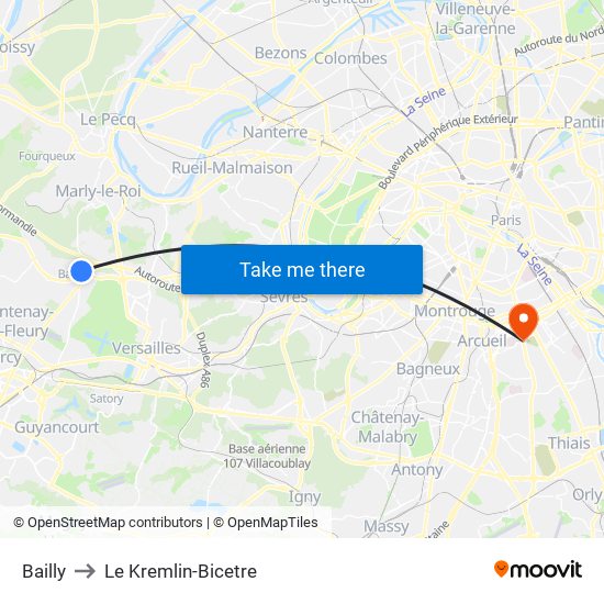 Bailly to Le Kremlin-Bicetre map