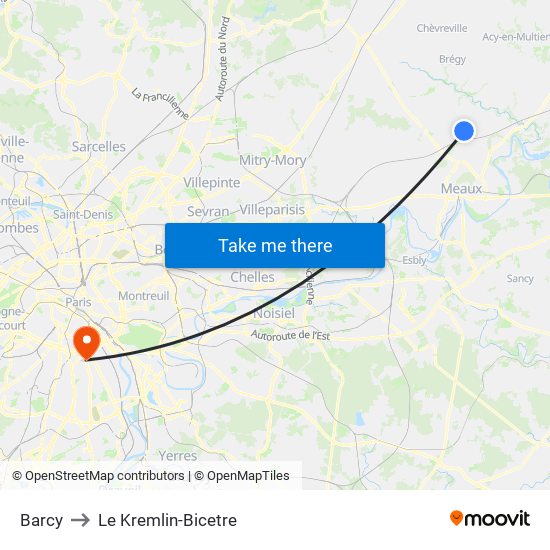 Barcy to Le Kremlin-Bicetre map