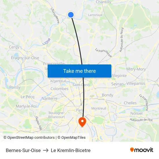 Bernes-Sur-Oise to Le Kremlin-Bicetre map