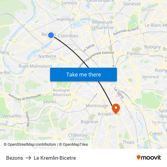 Bezons to Le Kremlin-Bicetre map