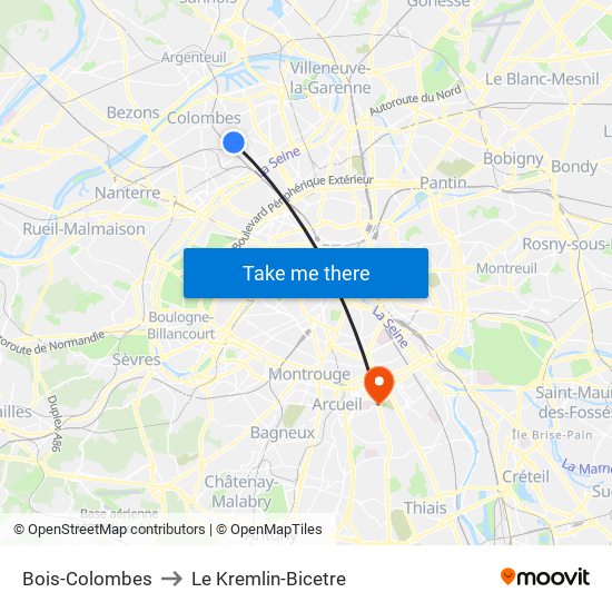 Bois-Colombes to Le Kremlin-Bicetre map