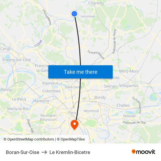 Boran-Sur-Oise to Le Kremlin-Bicetre map