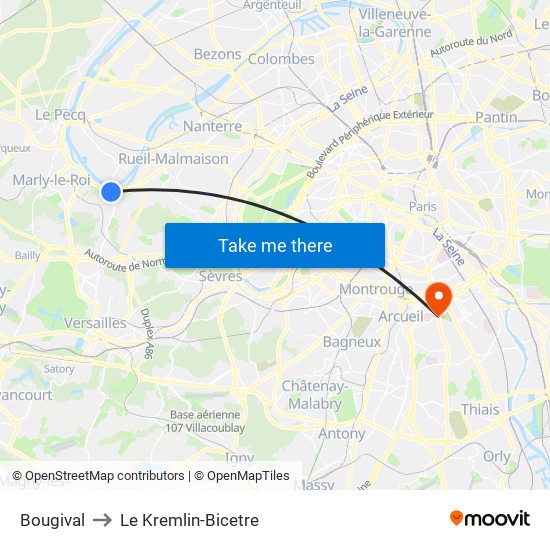 Bougival to Le Kremlin-Bicetre map