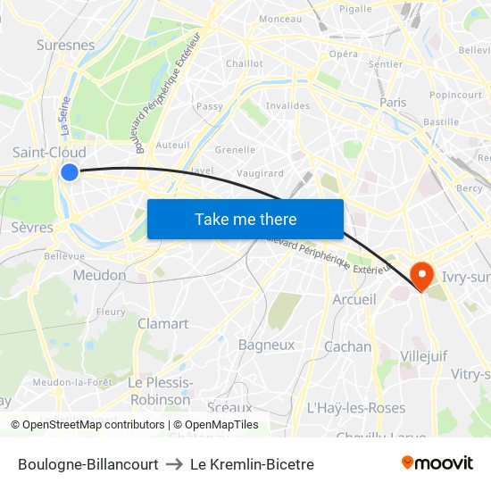 Boulogne-Billancourt to Le Kremlin-Bicetre map