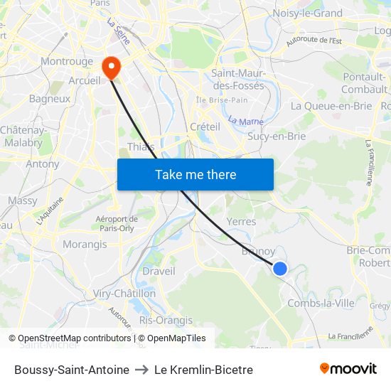 Boussy-Saint-Antoine to Le Kremlin-Bicetre map