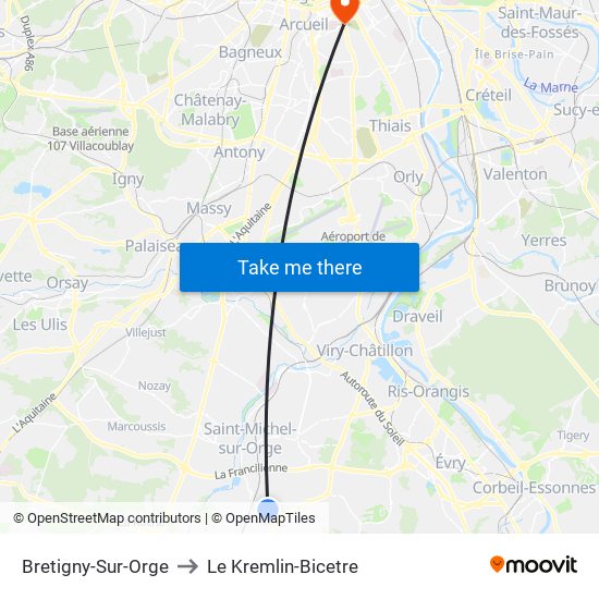 Bretigny-Sur-Orge to Le Kremlin-Bicetre map