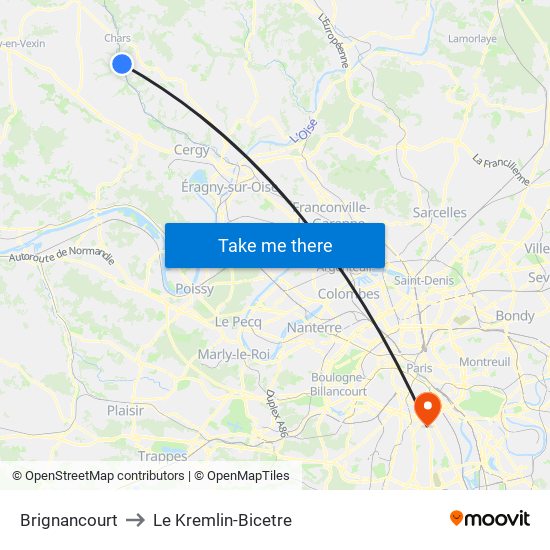 Brignancourt to Le Kremlin-Bicetre map