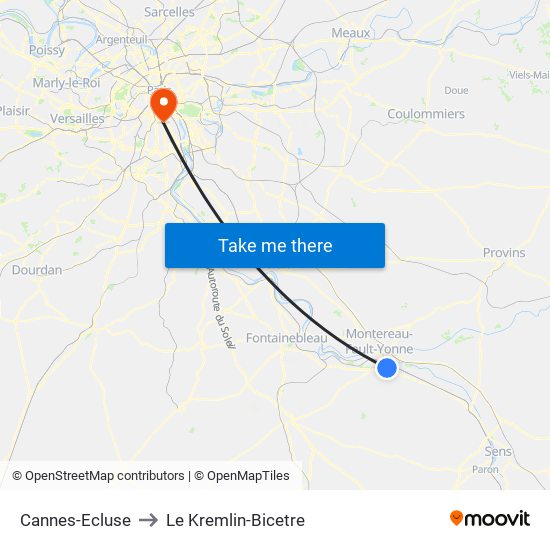 Cannes-Ecluse to Le Kremlin-Bicetre map