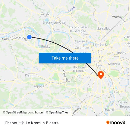 Chapet to Le Kremlin-Bicetre map