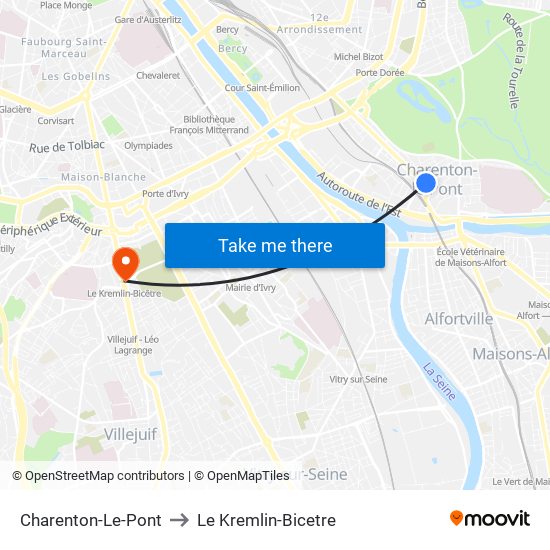 Charenton-Le-Pont to Le Kremlin-Bicetre map