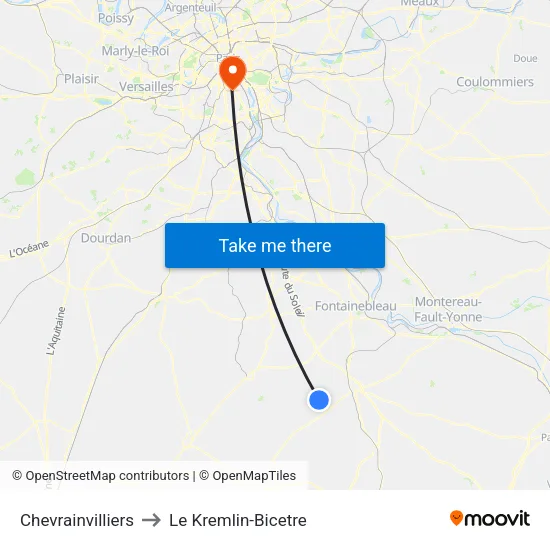 Chevrainvilliers to Le Kremlin-Bicetre map