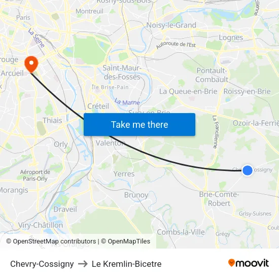 Chevry-Cossigny to Le Kremlin-Bicetre map
