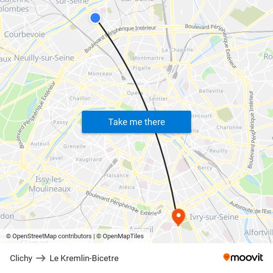 Clichy to Le Kremlin-Bicetre map