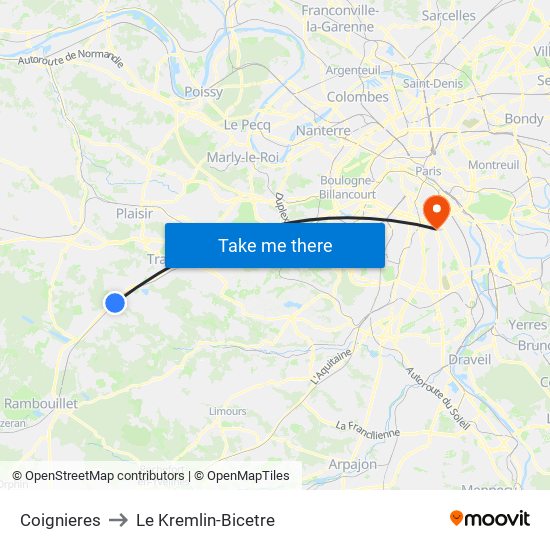 Coignieres to Le Kremlin-Bicetre map