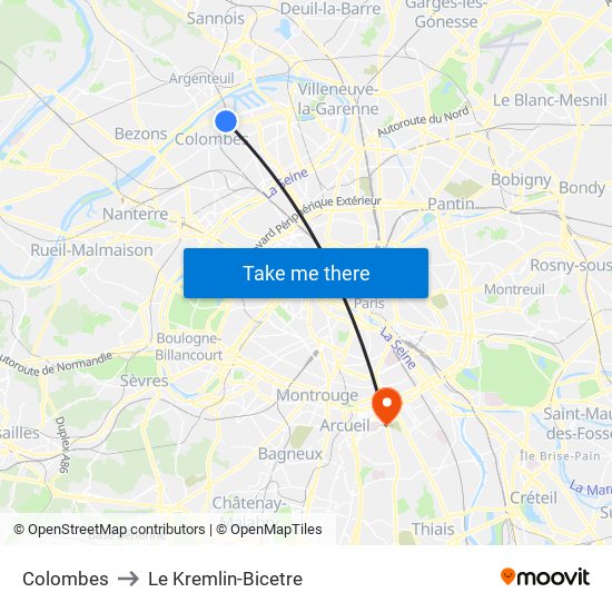 Colombes to Le Kremlin-Bicetre map