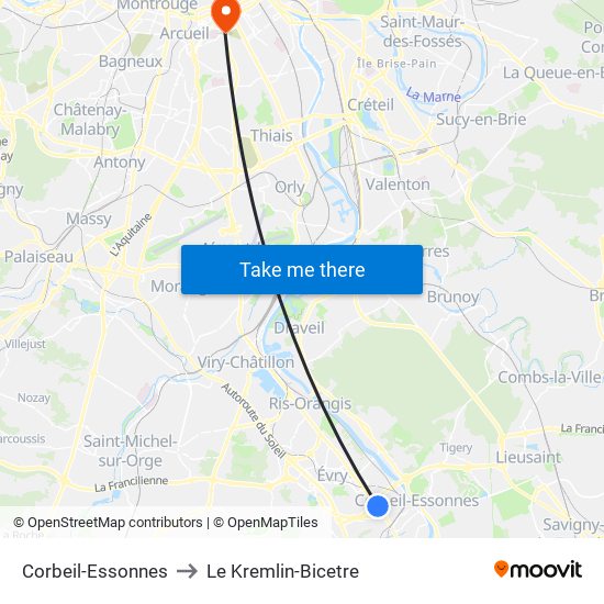 Corbeil-Essonnes to Le Kremlin-Bicetre map