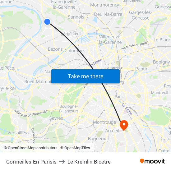 Cormeilles-En-Parisis to Le Kremlin-Bicetre map