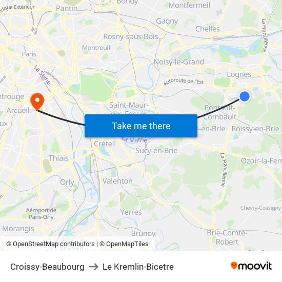 Croissy-Beaubourg to Le Kremlin-Bicetre map