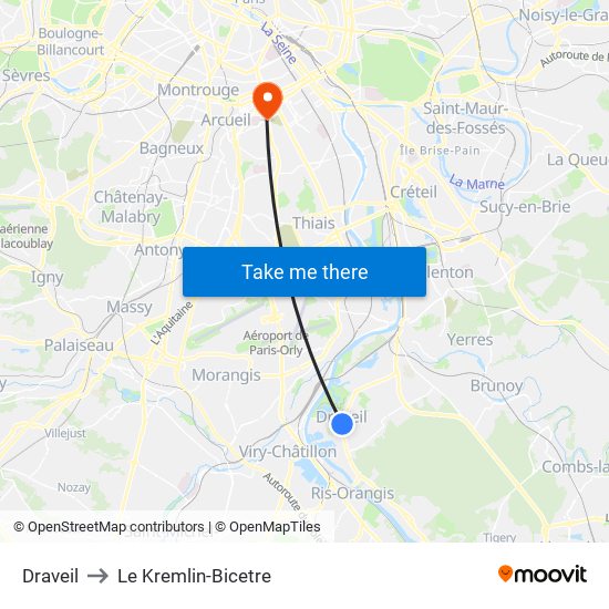 Draveil to Le Kremlin-Bicetre map