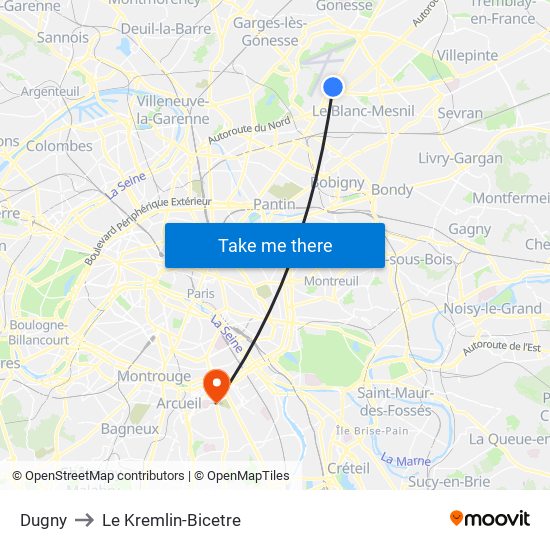 Dugny to Le Kremlin-Bicetre map