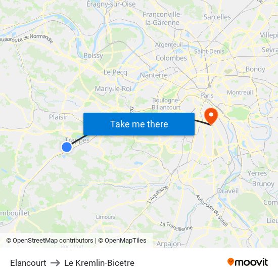 Elancourt to Le Kremlin-Bicetre map