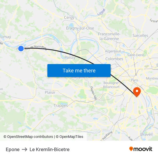 Epone to Le Kremlin-Bicetre map