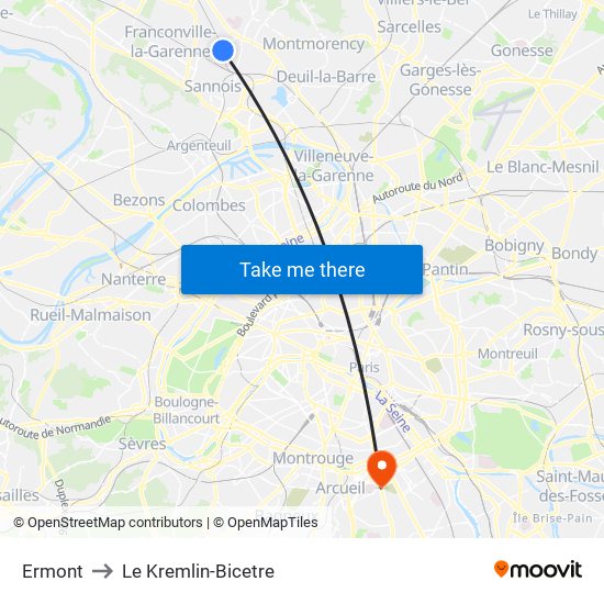 Ermont to Le Kremlin-Bicetre map