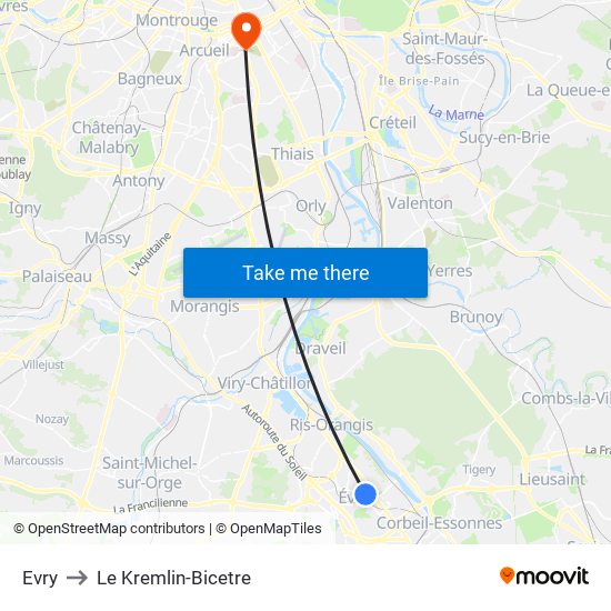 Evry to Le Kremlin-Bicetre map