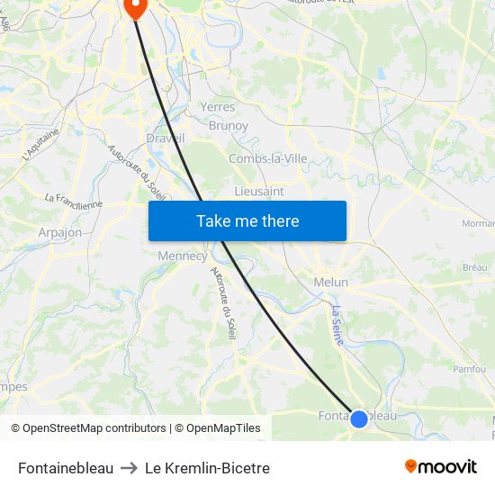 Fontainebleau to Le Kremlin-Bicetre map