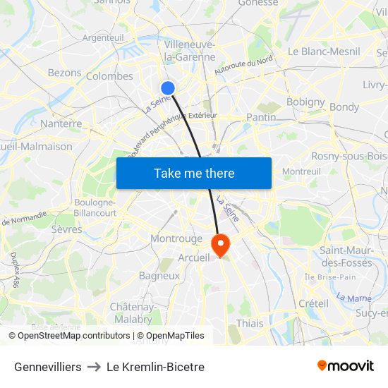 Gennevilliers to Le Kremlin-Bicetre map