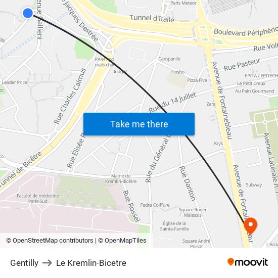 Gentilly to Le Kremlin-Bicetre map