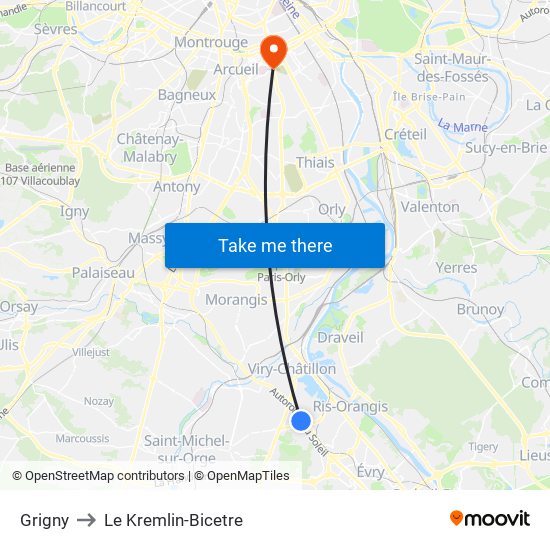Grigny to Le Kremlin-Bicetre map