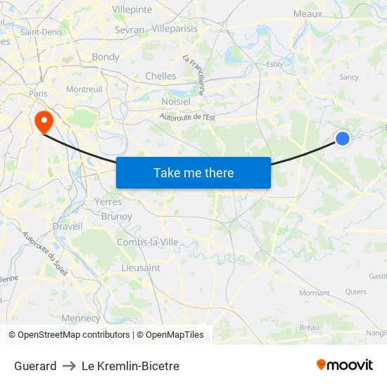 Guerard to Le Kremlin-Bicetre map