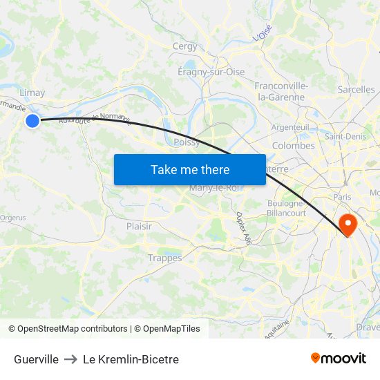Guerville to Le Kremlin-Bicetre map