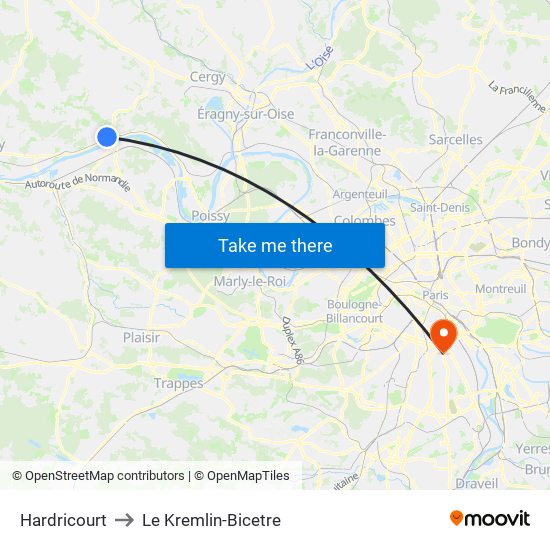 Hardricourt to Le Kremlin-Bicetre map