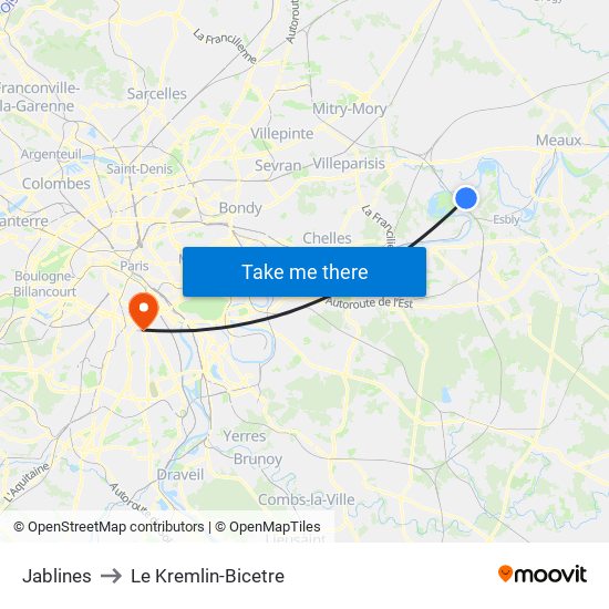 Jablines to Le Kremlin-Bicetre map