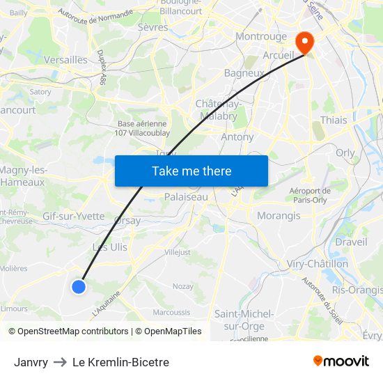 Janvry to Le Kremlin-Bicetre map
