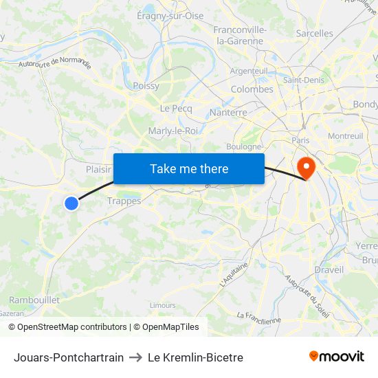 Jouars-Pontchartrain to Le Kremlin-Bicetre map