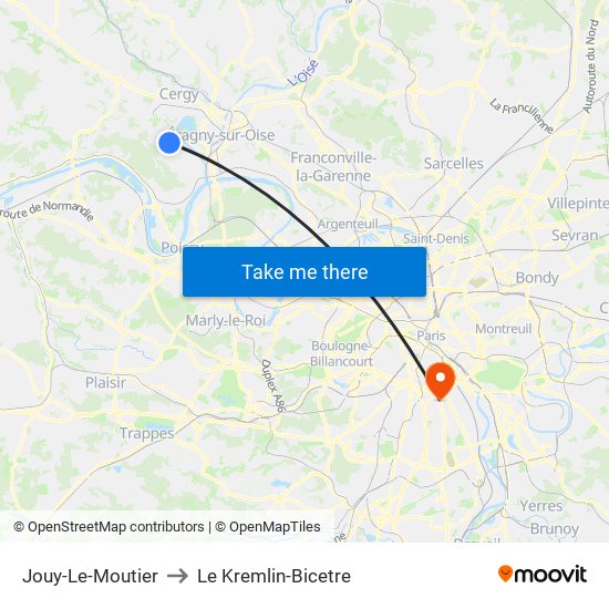 Jouy-Le-Moutier to Le Kremlin-Bicetre map
