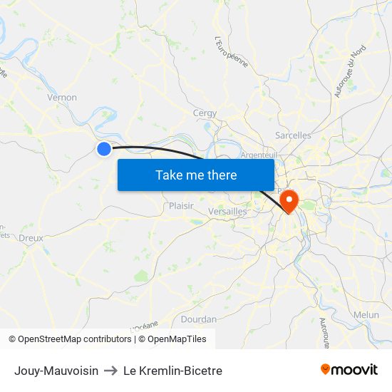 Jouy-Mauvoisin to Le Kremlin-Bicetre map