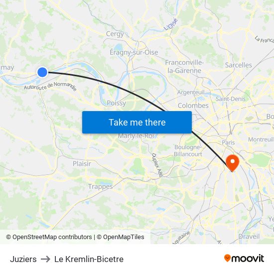 Juziers to Le Kremlin-Bicetre map