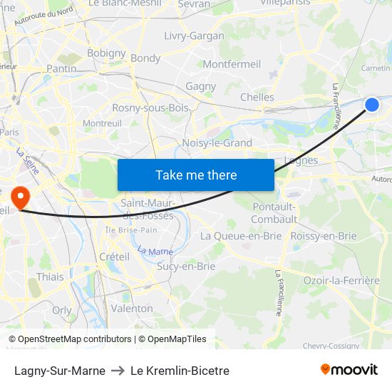 Lagny-Sur-Marne to Le Kremlin-Bicetre map